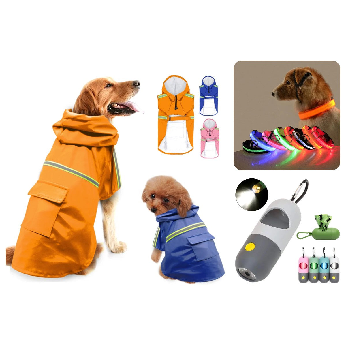 Kit Paseo Lluvia y Noche | Chubasquero + Collar LED + Dispensador con Luz